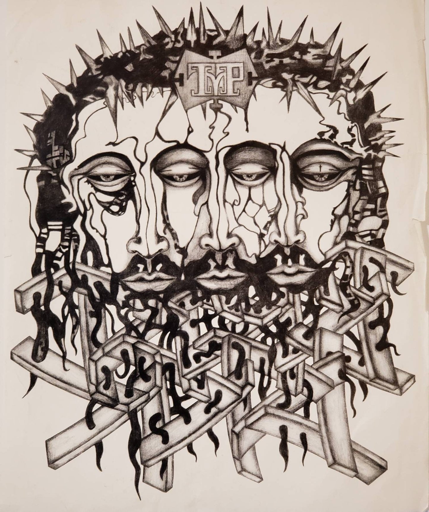 Unisex Vintage Organic Cotton Short Sleeve T-shirt with Three Faces Fine Art design